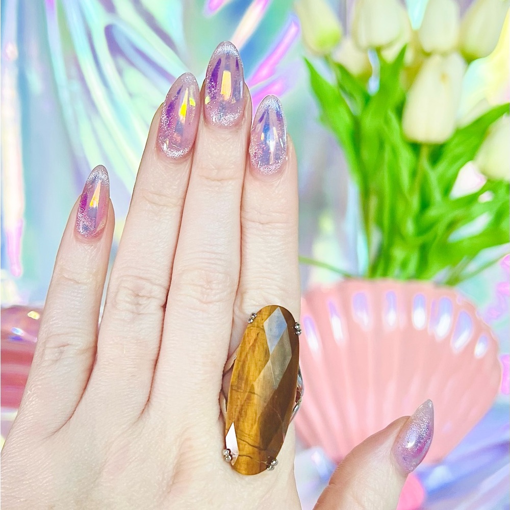 Long Oval Beveled Tigers Eye Statement Ring - image 4